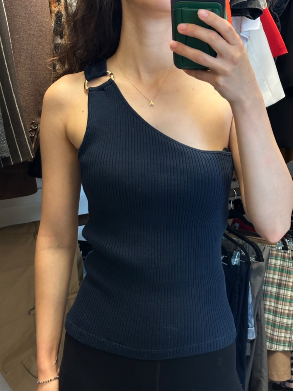 Massimo Dutti Navy Ribbed One-Shoulder Tank with Ring Detail